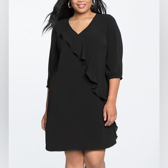 ELOQUII Black Ruffle-Front Shift Dress - Plus size‎ 28 - Picture 1 of 10